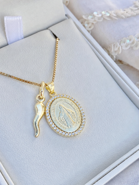 LLADRO リヤドロ Talismania Magic ケルト魔法 ネックレス Taormina Diamante Madonna and Cornicello Necklace | Bella Luck Charms
