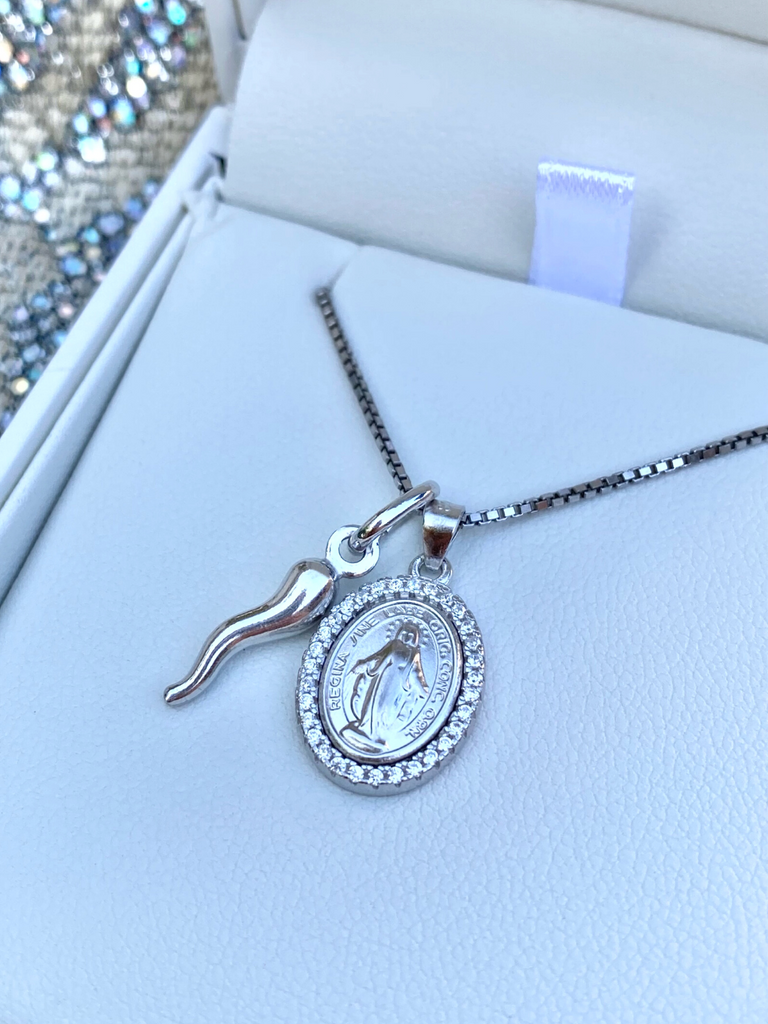 Sardegna Silver Cornicello and Diamante Madonna Necklace | Bella Luck Charms