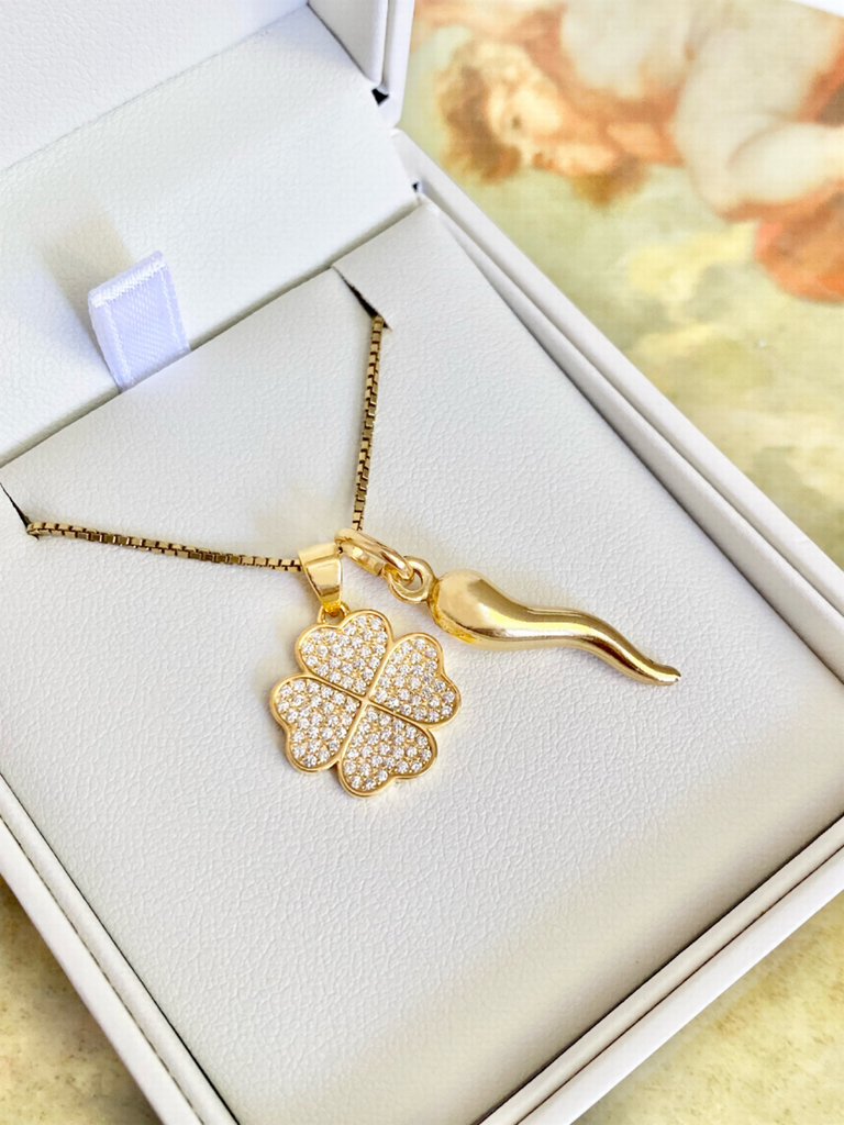 Palmi Gold Cornicello and Four Leaf Clover Necklace | Bella Luck Charms