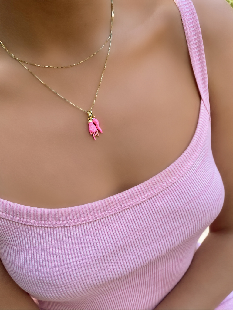 Pescara Pink Glitter Cornicello and Hand Necklace | Bella Luck Charms