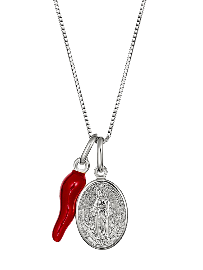 Cosenza Silver Cornicello and Madonna Necklace | Bella Luck Charms