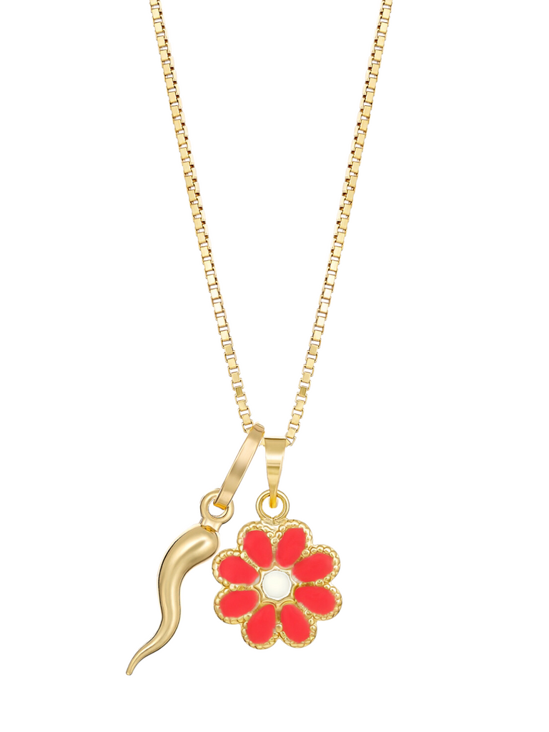 Oria 18K Gold Cornicello and Red Daisy Necklace | BELLA LUCK CHARMS