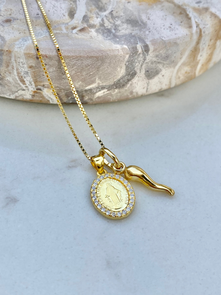  Sardegna Small Gold Cornicello and Diamante Madonna Necklace | Bella Luck Charms