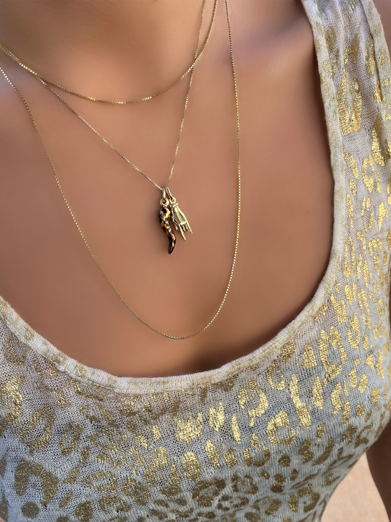 Leopard Print Cornicello and Gold Hand Necklace Bella Luck