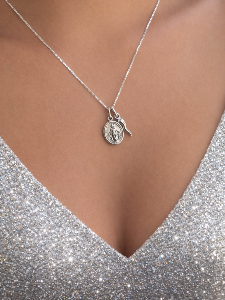 Cosenza Silver Cornicello and Madonna Necklace | Bella Luck Charms