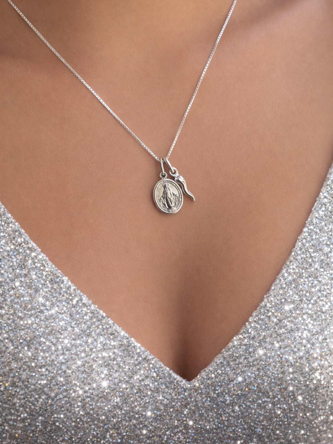 Cosenza Silver Cornicello and Madonna Necklace | Bella Luck Charms