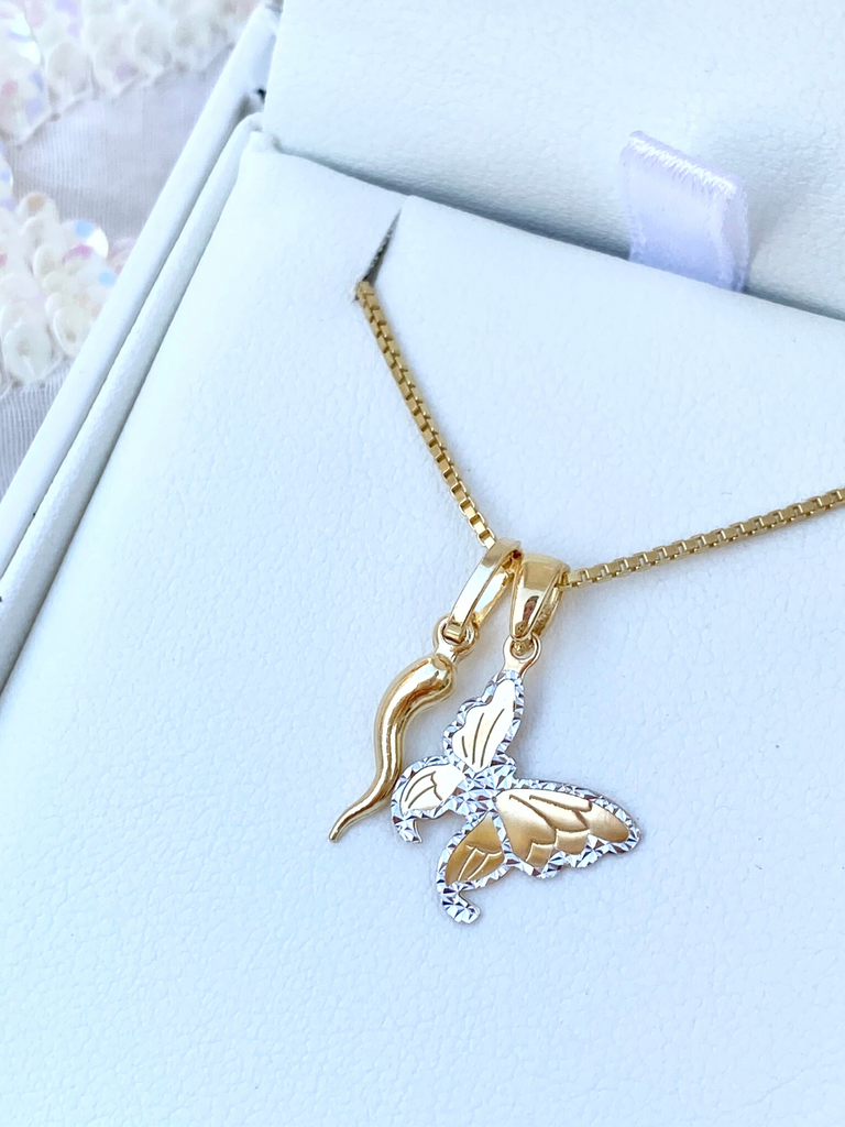 Farfalla 18K Gold Cornicello and Butterfly Necklace | Bella Luck Charms