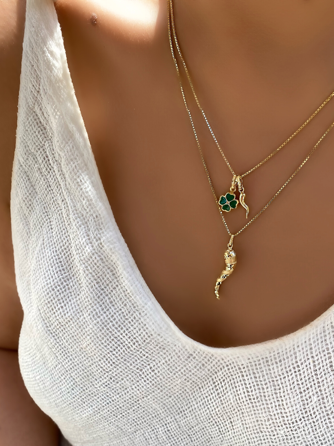 San Marco 18K Gold Four Leaf Clover and Cornicello Necklace Made