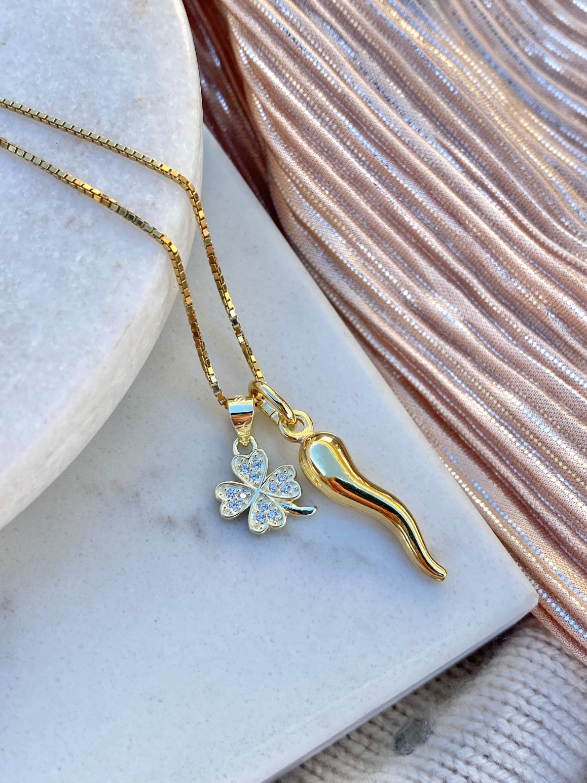 Messina Gold Cornicello and Four Leaf Clover Necklace | Bella Luck