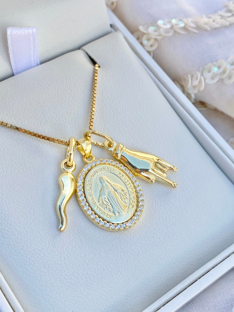 Abruzzo Gold Cornicello, Hand and Diamond Saint Necklace | Bella Luck Charms