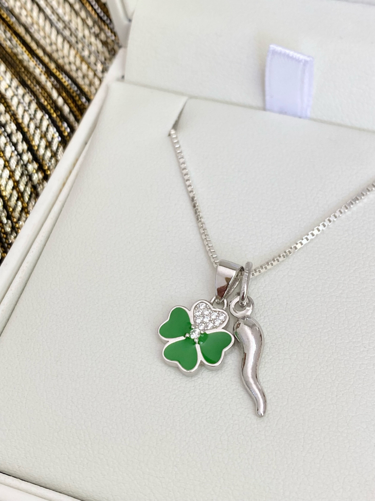 Trento Silver Cornicello and Four Leaf Clover Necklace | Bella Luck Charms