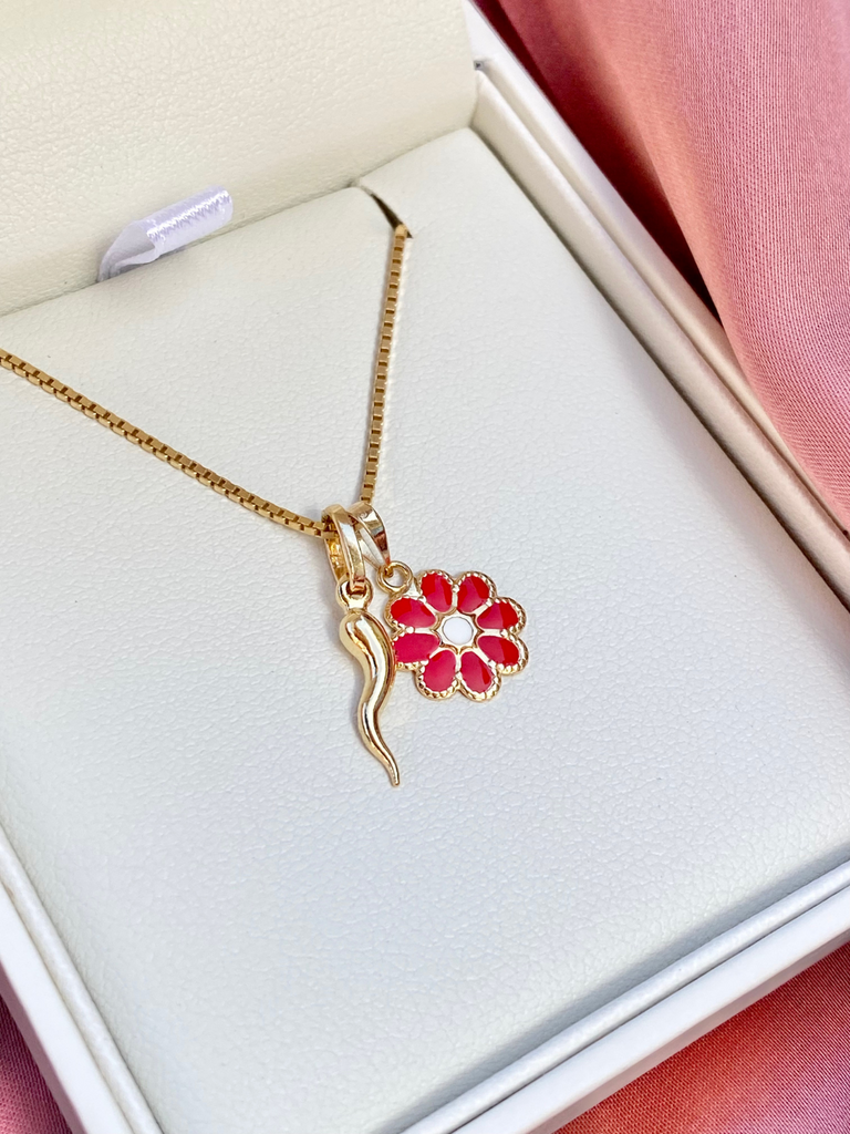 Oria 18K Gold Cornicello and Red Daisy Necklace | Bella Luck Charms