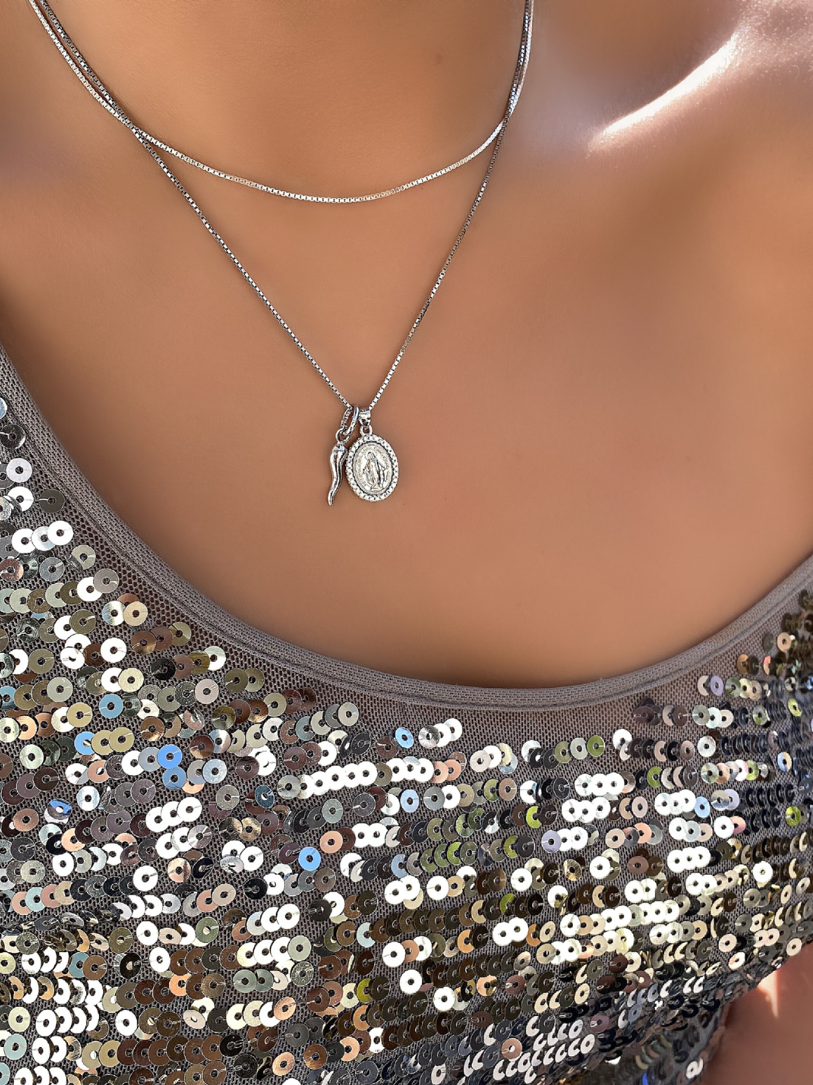 Sardegna Silver Cornicello and Diamante Madonna Necklace | Bella