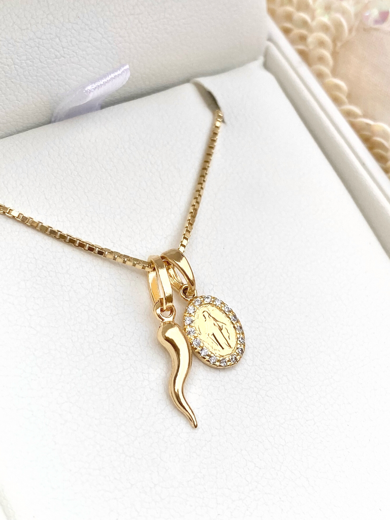 Anna Rosa 18K Gold Cornicello and Diamante Madonna Necklace | BELLA LUCK CHARMS