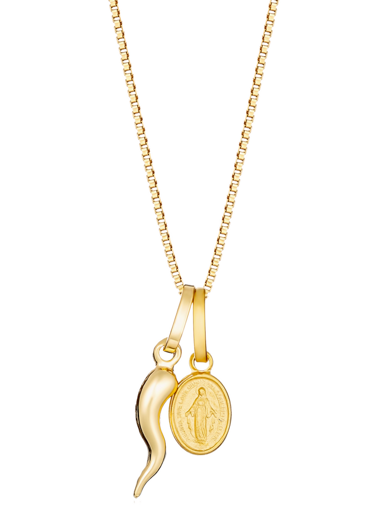 Lugano 18K Gold Cornicello and Madonna Necklace | Bella Luck Charms