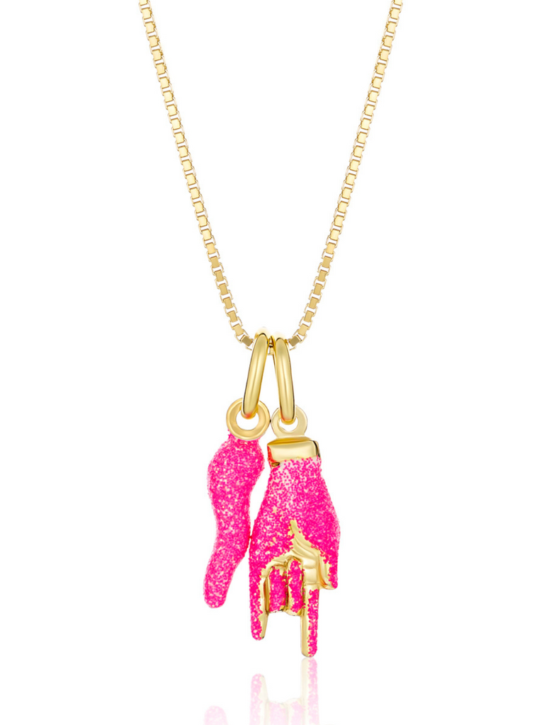 Pescara Pink Glitter Cornicello and Hand Necklace | Bella Luck Charms