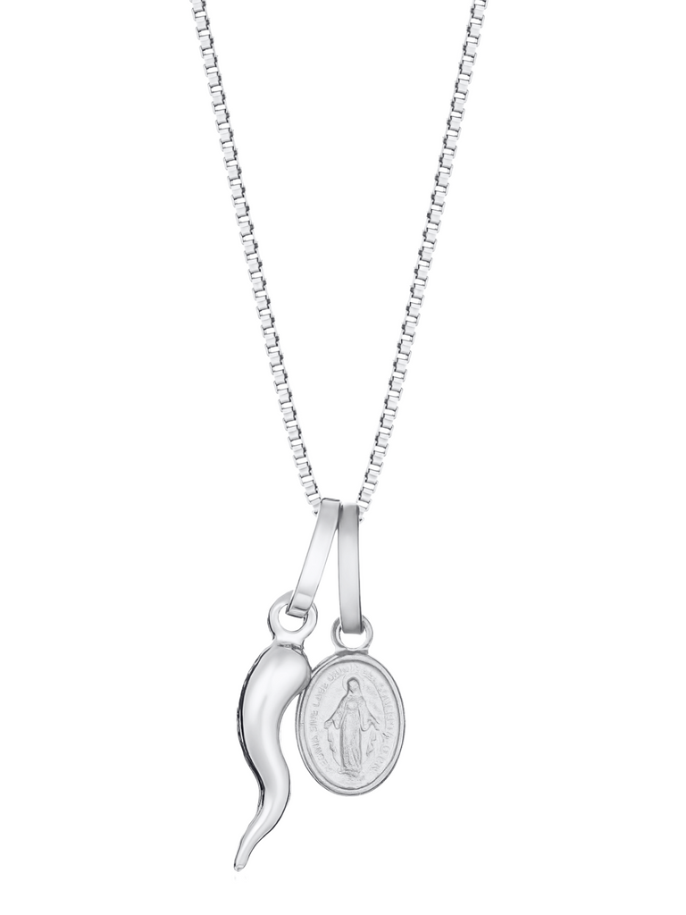 Lugano 18K White Gold Cornicello and Madonna Necklace | Bella Luck Charms