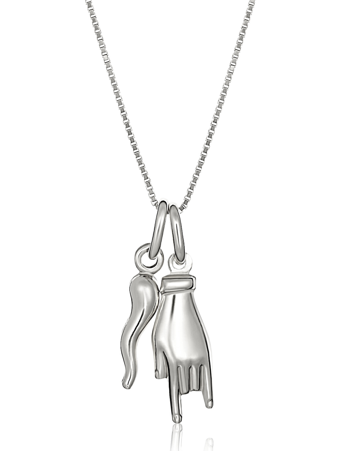 Catania Silver Cornicello and Hand Necklace | Cornicello Pendant