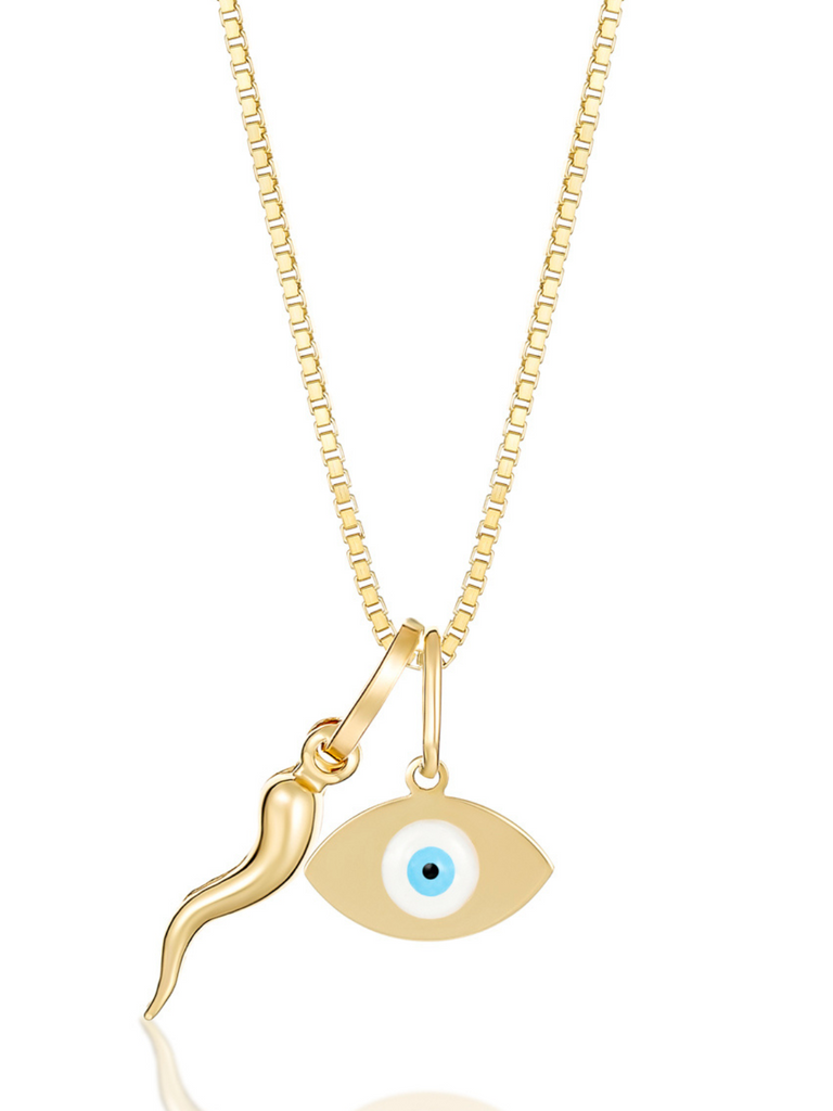 Capri 18K Gold Cornicello and Evil Eye Necklace | Bella Luck Charms