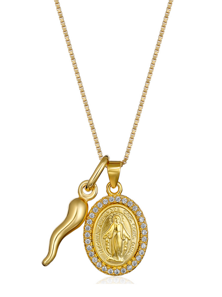 Sardegna Gold Cornicello and Diamante Madonna Necklace | Bella Luck Charms