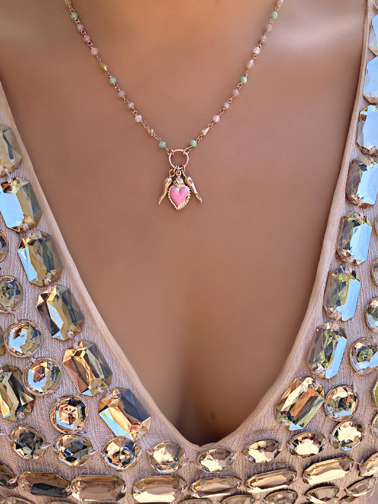 Ragazza Rose Gold Cornicello, Heart and Bead Necklace Cornicello