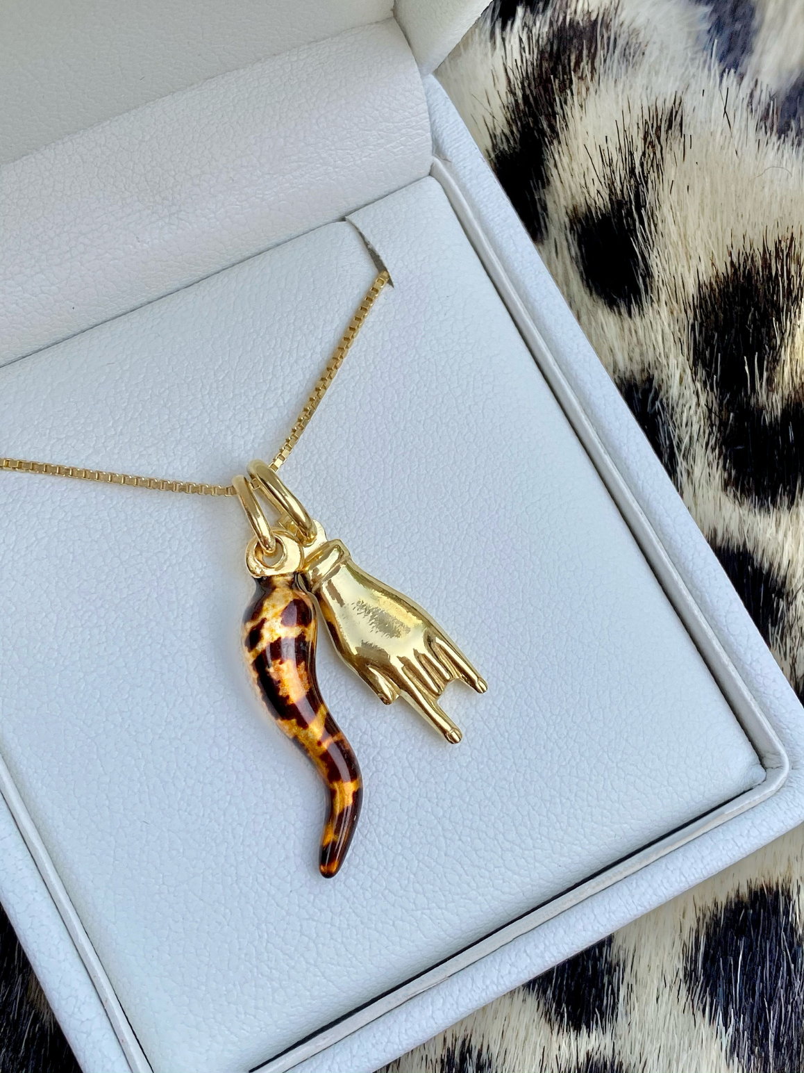 Leopard Print Cornicello and Gold Hand Necklace | Bella Luck