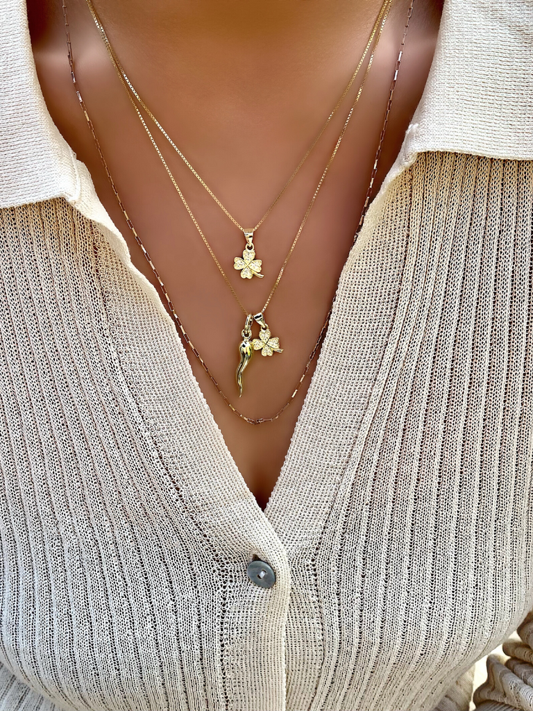 Messina Gold Cornicello and Four Leaf Clover Necklace | Bella Luck Charms