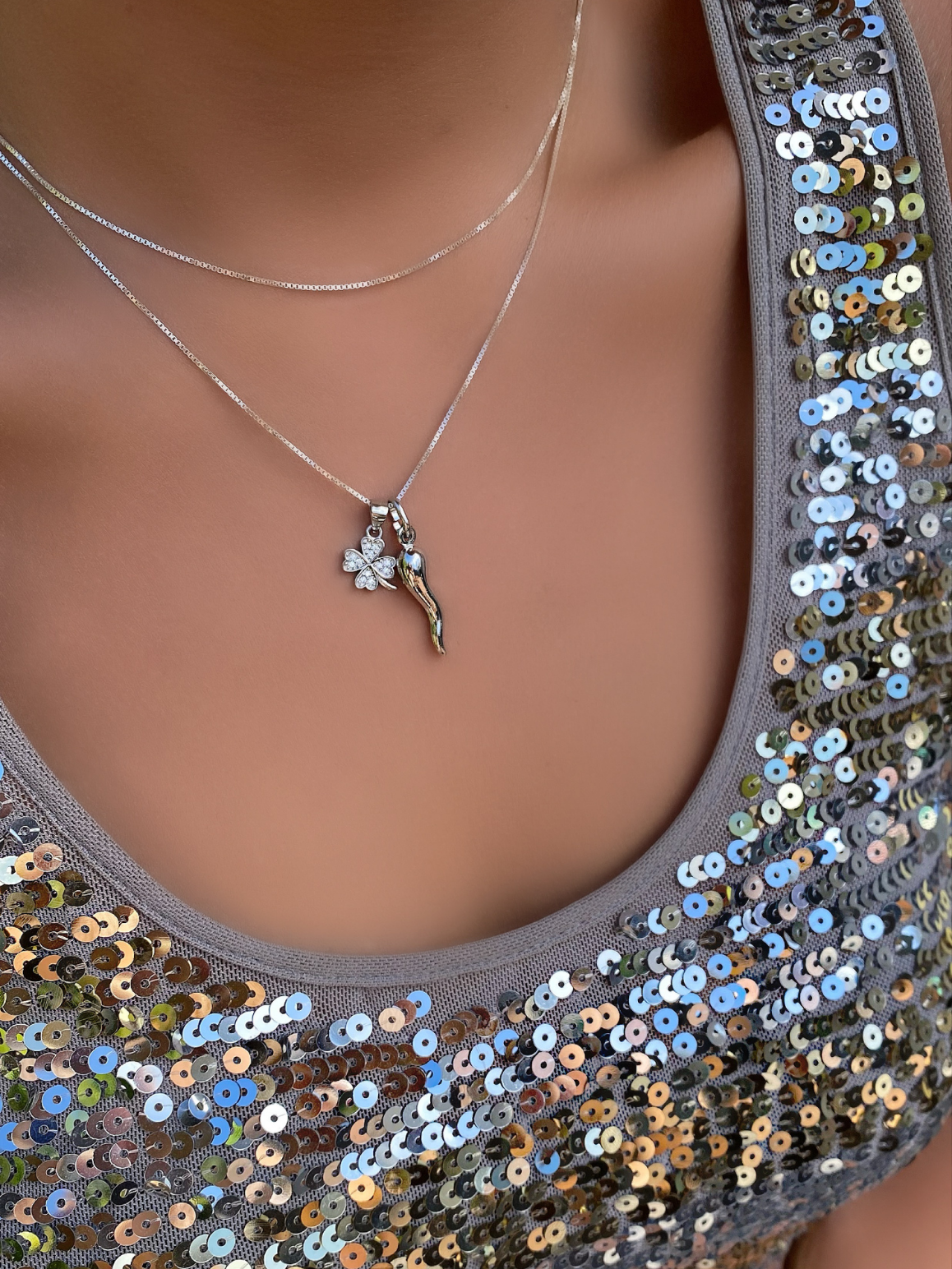 Messina Silver Cornicello and Four Leaf Clover Necklace | Bella