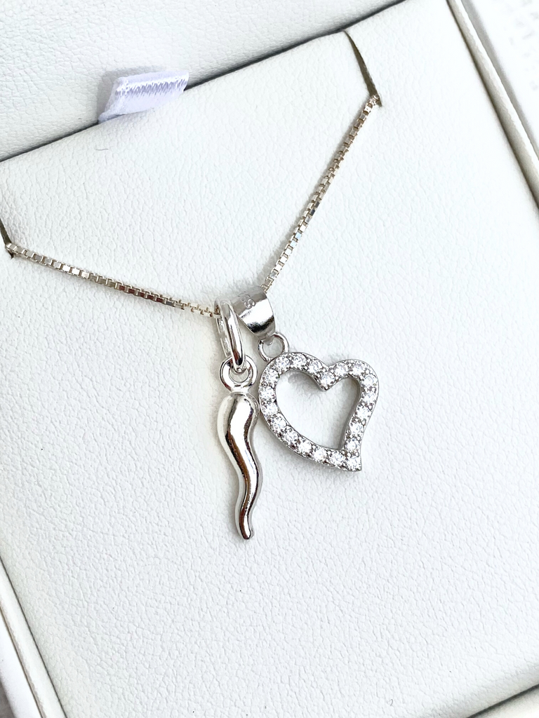 Giulietta Silver Cornicello and Diamante Heart Necklace | Bella Luck Charms