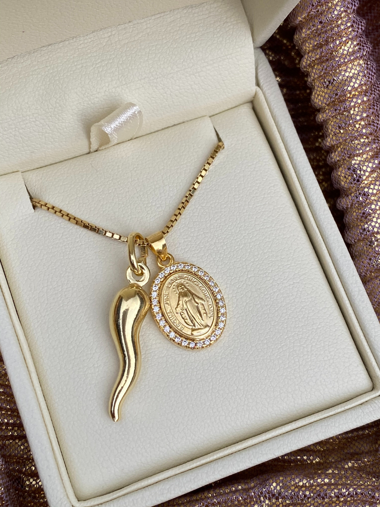 Gold Cornicello and diamond madonna pendant necklace | Bella Luck Charms