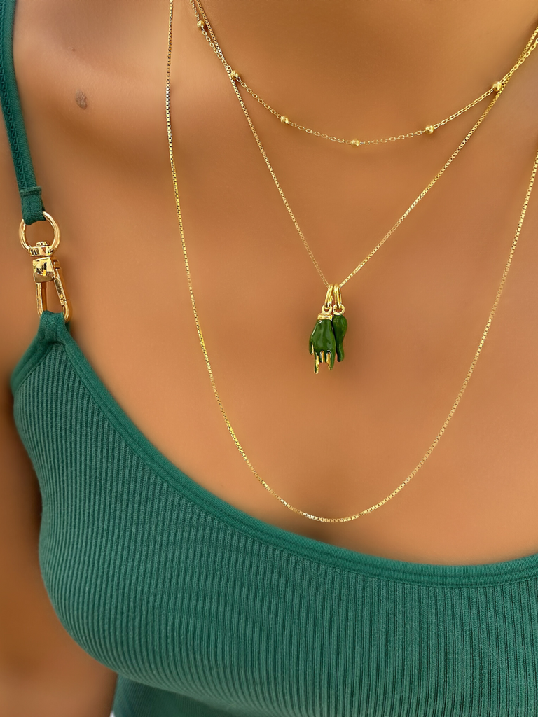 Primavera Green Cornicello and Hand Necklace
