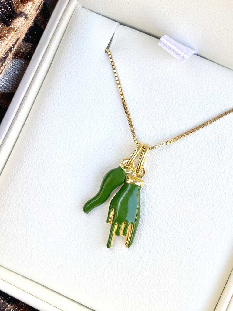 Primavera Green Cornicello and Hand Necklace | Bella Luck Charms
