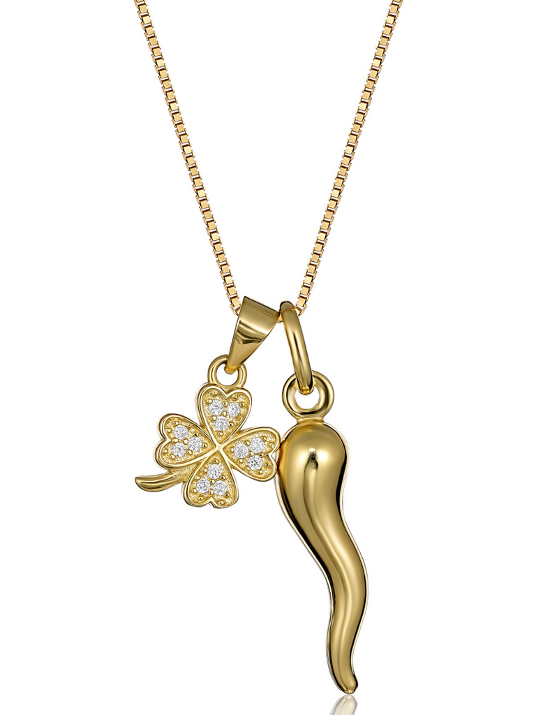 Messina Gold Cornicello and Four Leaf Clover Necklace | Bella Luck Charms