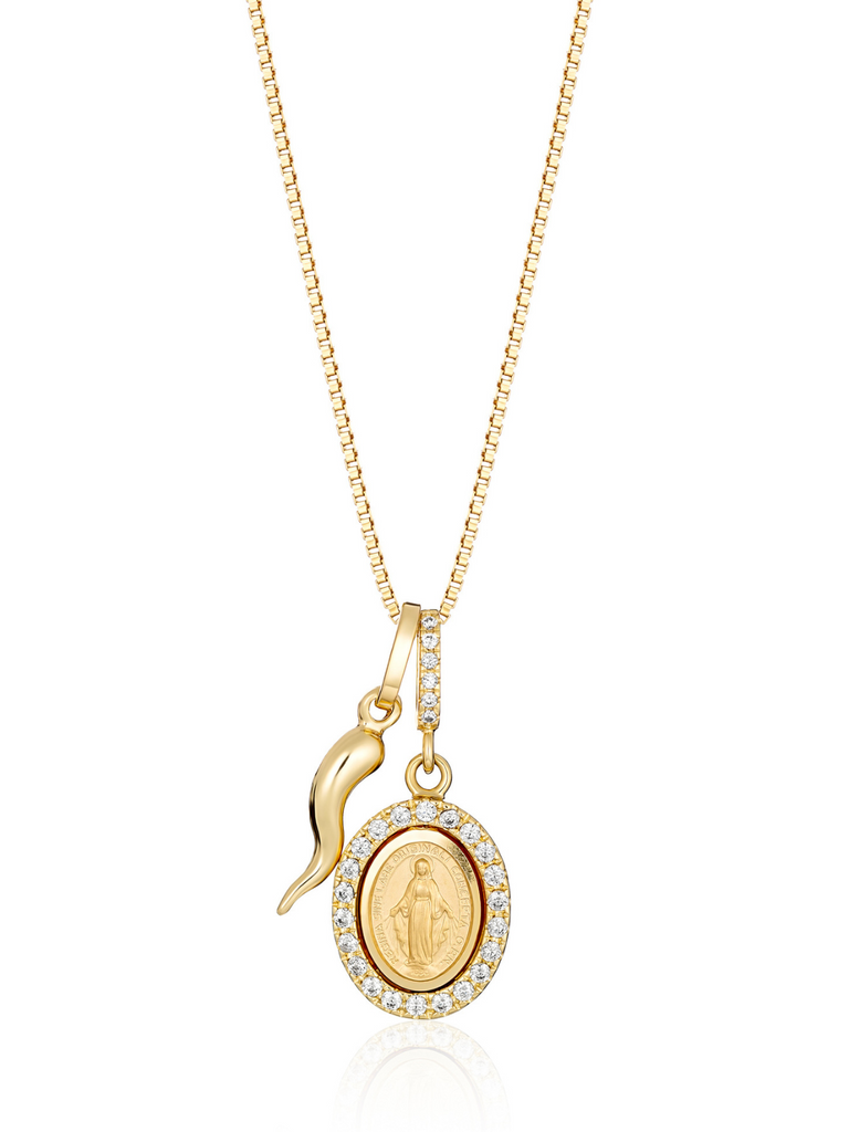 Magna Sistina 18K Gold Cornicello and Diamante Madonna Necklace | Bella Luck Charms