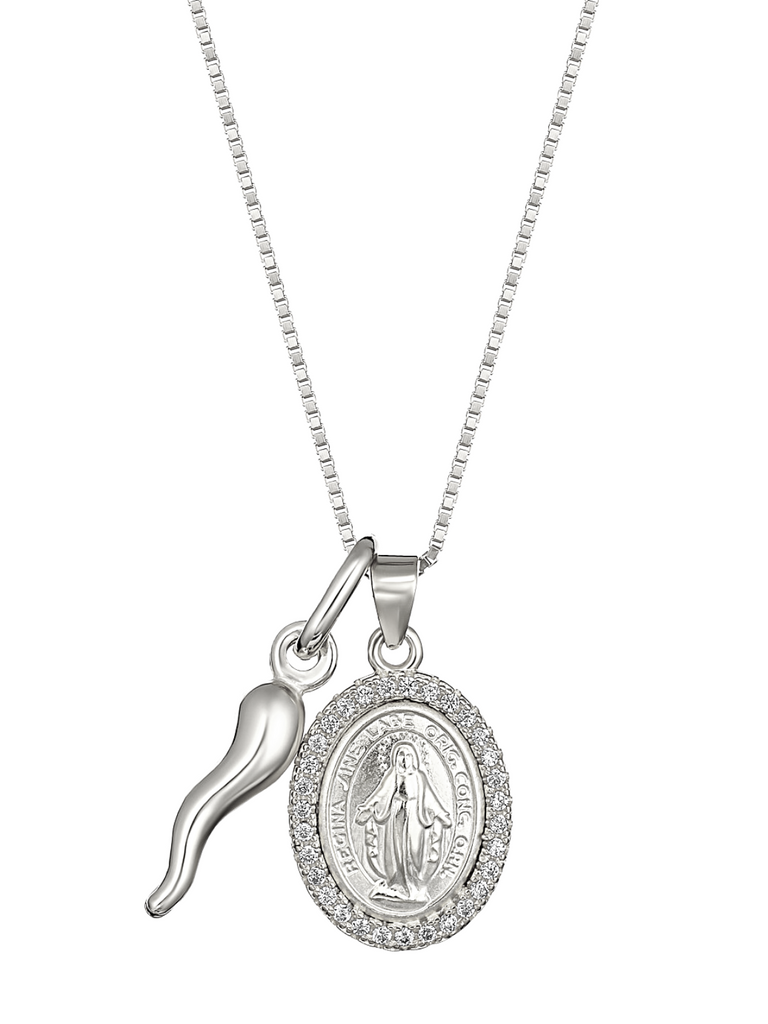 Sardegna Silver Cornicello and Diamante Madonna Necklace | Bella Luck Charms