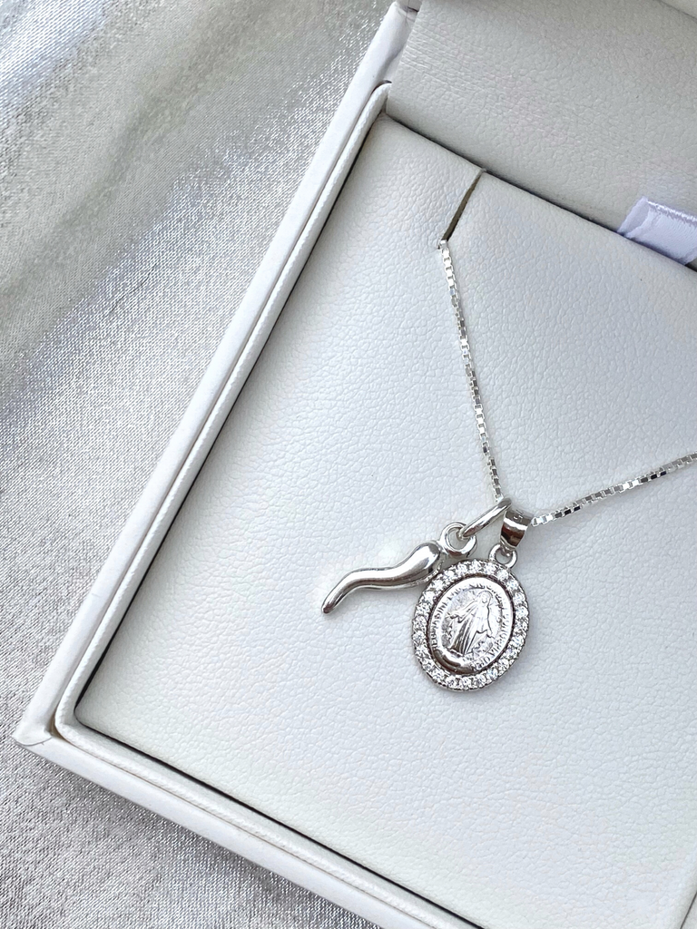 Sardegna Small Silver Cornicello and Diamante Madonna Necklace | Bella Luck Charms