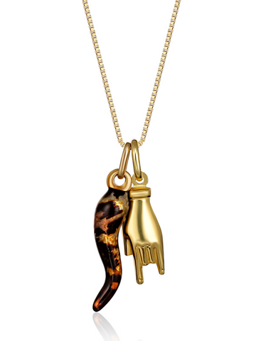 Leopard Print Cornicello and Gold Hand Necklace | Bella Luck